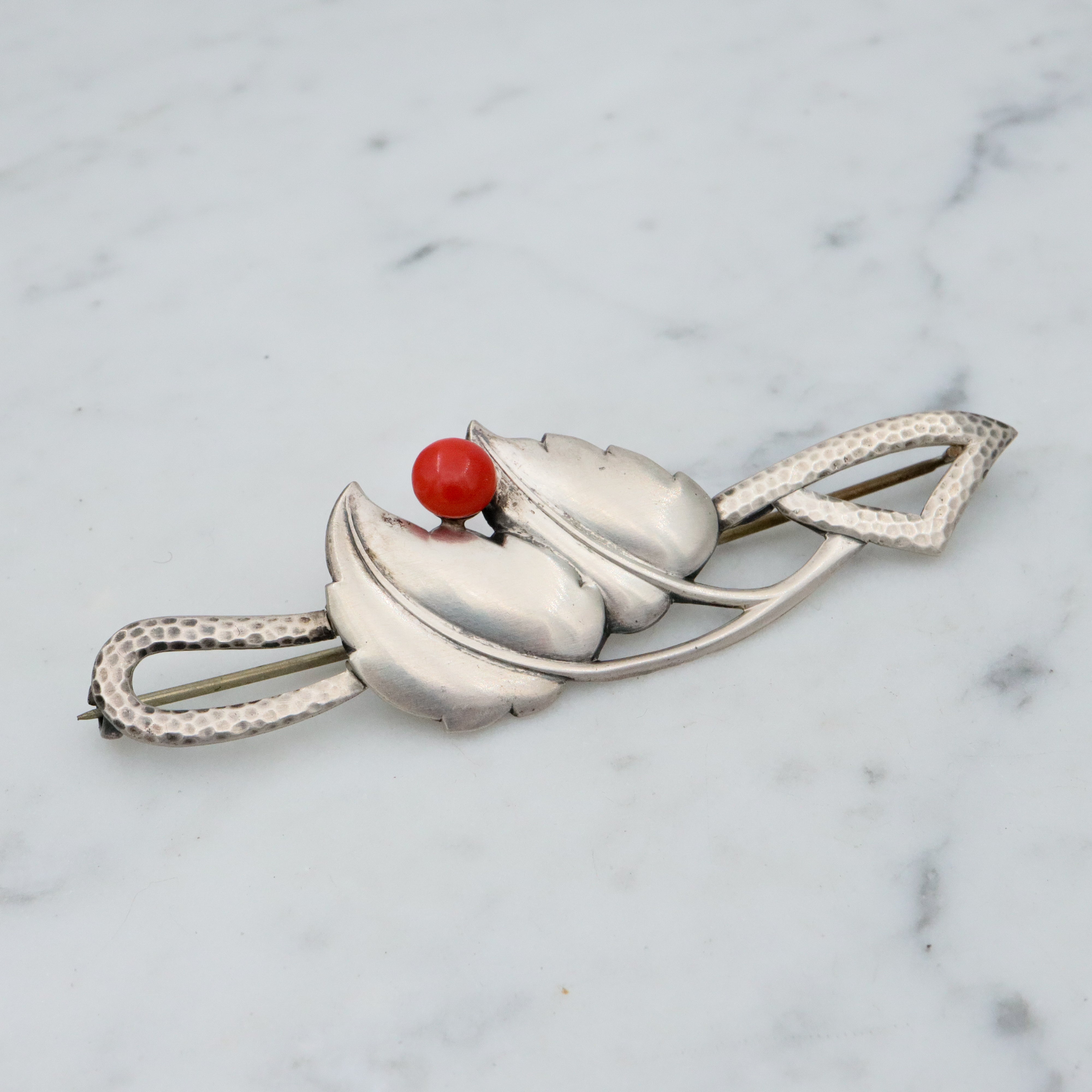 Antique Scandinavian Art Deco sterling coral leaf brooch